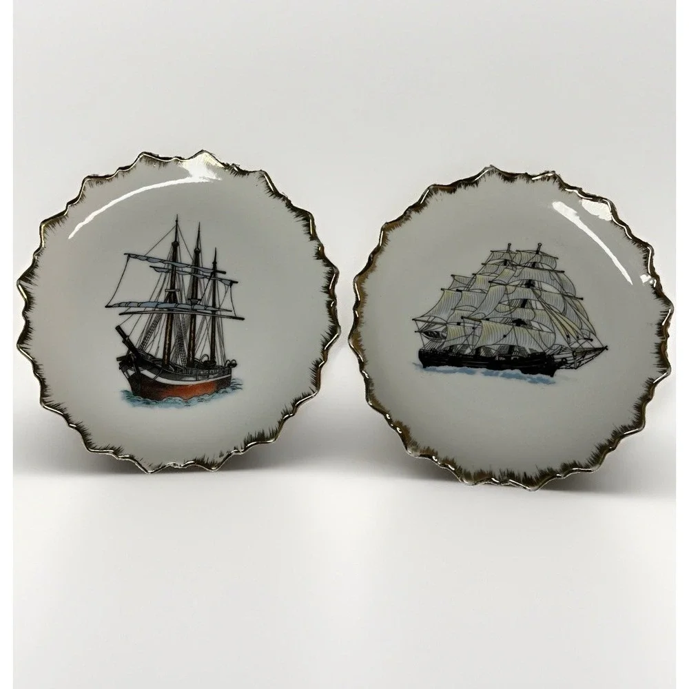 Vintage Japan Porcelain Ship Plates Gold Gilt Scalloped Nautical 7